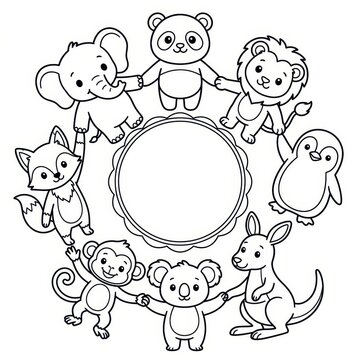 Cute animals coloring page border frame circle