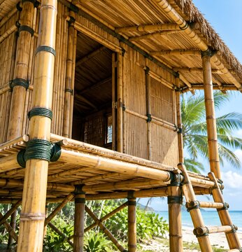 Slender bamboo beach hut on stilts with split culm walls and a projecting shaded porch floor above pale sand