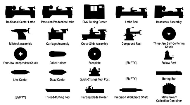 Cnc Lathe Assembly Components Illustration, Detailed Machine Tool Parts Diagram Featuring Manufacturing, Precision
