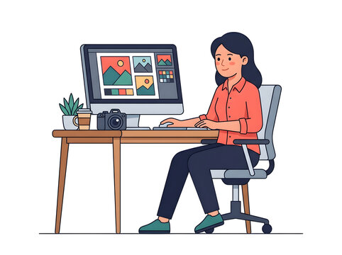 Woman editing photos at a wooden desk isolated on white background