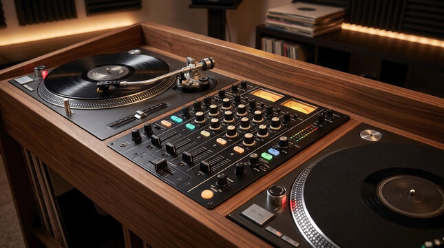 Vinyl record turntable DJ mixing booth setup with turntables and mixer on wooden surface. DJ mixing session includes vinyl records and professional sound equipment arranged for music performance.
