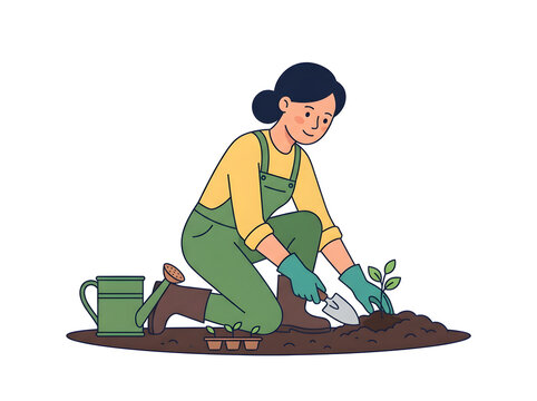 Woman planting small green sprout in garden soil isolated on white background