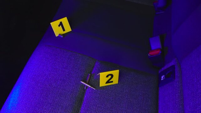 Yellow evidence markers placed next to high caliber bullet casings found on the back seat of a car, with red and blue police emergency lights flashing from outside the vehicle