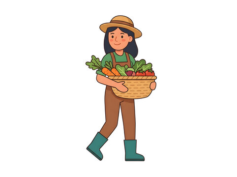 Cartoon farmer carrying fresh vegetables basket isolated on white background