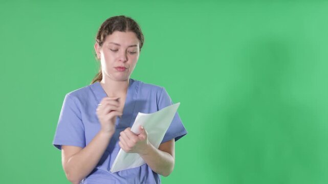 Nurse in blue uniform takes notes on documents while interviewing a virtual patient . High quality 4k footage