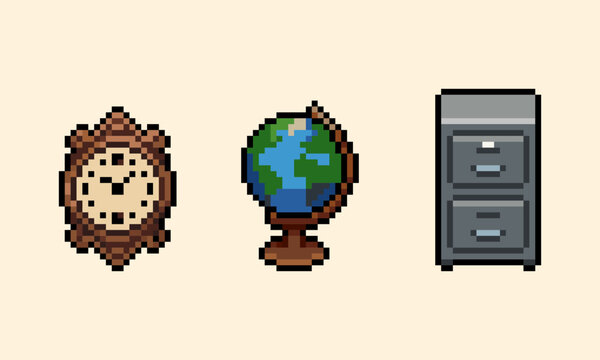 pixel art of vintage office interior assets including antique wall clock, world globe, and metal filing cabinet, perfect for RPG game UI
