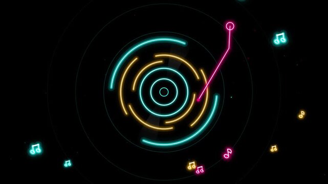 Abstract neon vinyl records rotating on black background procedural animation looping video