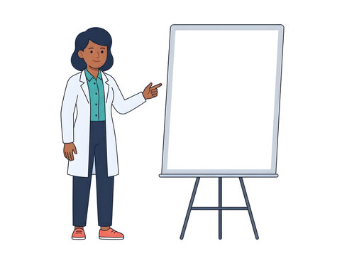 Scientist presenting on flip chart isolated on white background