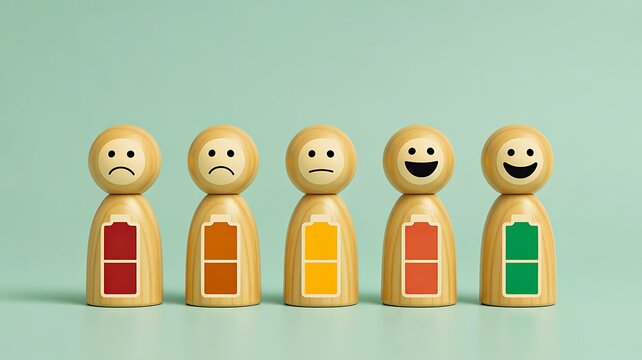 Emotional wellbeing concept showing diverse mood levels from sadness to happiness with colorful human figures