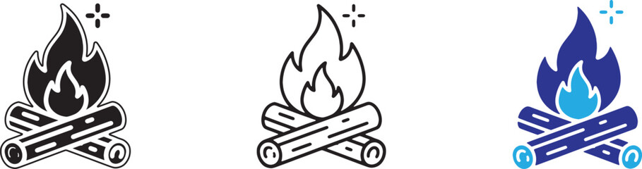 Set of campfire icons in different styles, black silhouette, outline and blue flat design, vector illustrations of burning logs and flames for camping and outdoor adventure themes © Bilal