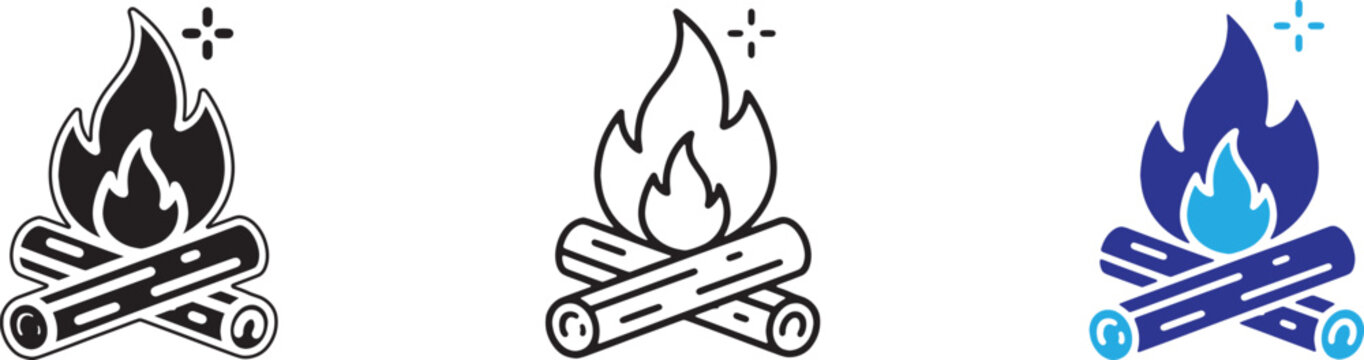 Set of campfire icons in different styles, black silhouette, outline and blue flat design, vector illustrations of burning logs and flames for camping and outdoor adventure themes