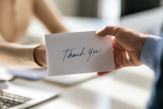 Person handing a thank you card to another individual in an office setting during daytime hours. National Gratitude Month
