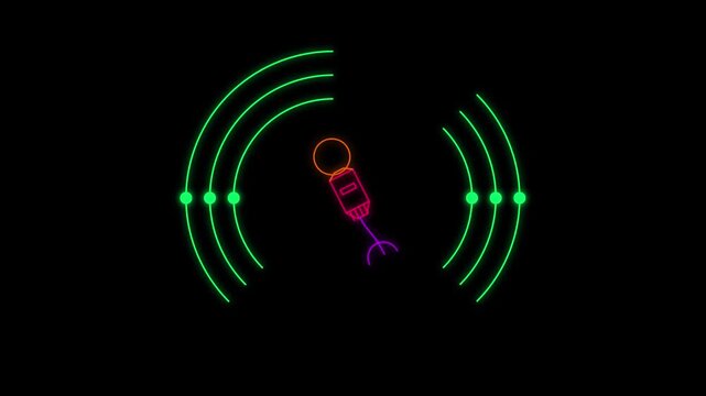 Abstract neon podcast microphone with radiating audio waves on a black background