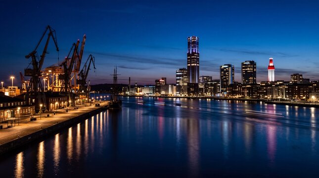 Gothenburg waterfront skyline at blue hour