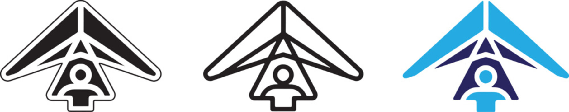 Set of hang gliding icons, vector illustrations of a person flying a hang glider in different styles