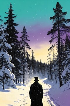 A mysterious man in a top hat walks into the frozen Siberian taiga beneath a pale glowing sky in bold cinematic pop art style