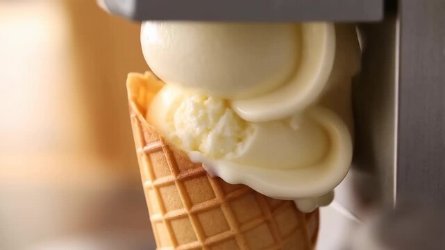 Macro video of soft serve vanilla ice cream machine dispensing creamy white gelato into a crispy waffle cone. Commercial dessert preparation in a parlor with warm lighting and copy space