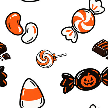Seamless Halloween candy pattern with lollipop, candy corn and chocolate