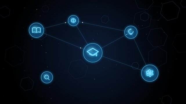 Abstract digital network with glowing blue connections and hexagonal grid background
