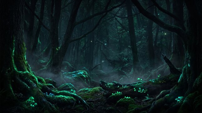 Magical dark forest landscape with glowing green bioluminescent mushrooms and moss at night.