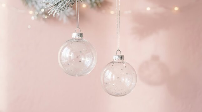 Two clear glass christmas ornaments hanging against a soft pink background with festive fairy lights