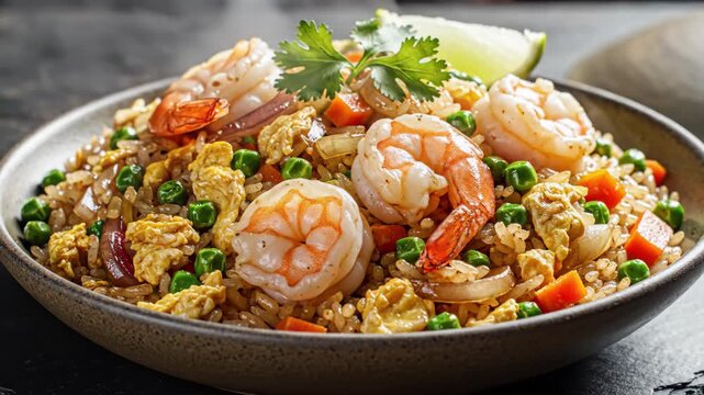 A visually appealing close-up of steaming shrimp fried rice, showcasing a mix of ingredients like peas, carrots, and egg, topped with plump shrimp and fresh garnishes.