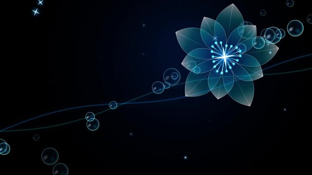 Abstract bioluminescent glassmorphic flowers and bubbles floating in a dark blue space