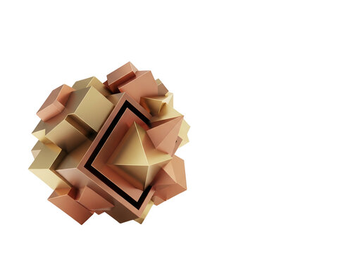 Geometric abstract 3D sculpture metallic copper gold cubes pyramids, modern decor element