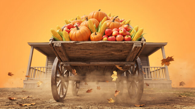 Low angle front view of rustic farm wagon loaded with autumn crops