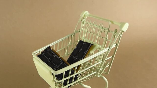 Conceptual video showing two RAM modules inside a small shopping cart, representing the purchase of computer components, hardware upgrades, and the high cost of technology