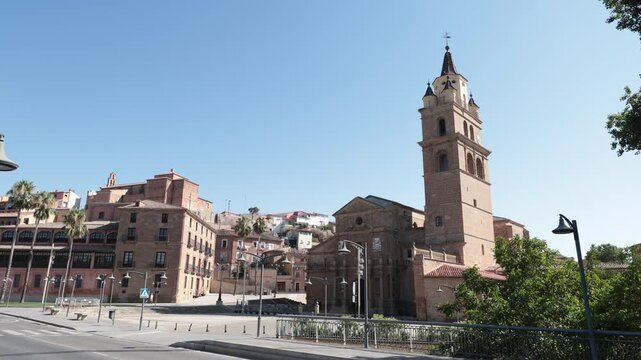 Christian Cathedral of Saint Mary, Calahorra in dense urban area, Spain. Gothic-style religious building in southern European country, on sultry summer day 