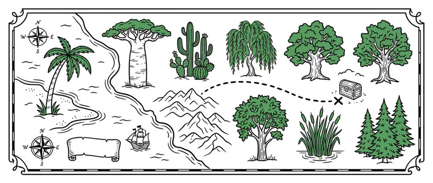 Vintage Treasure Map with Various Trees and Compass