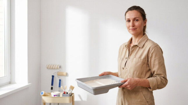 Woman holding a paint tray in a bright room during a home renovation. The scene represents interior painting, DIY improvement and refreshing a living space