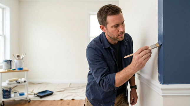 A man carefully paints the edge of a blue wall with a small brush. Detailed finishing work shows precision during a home renovation project