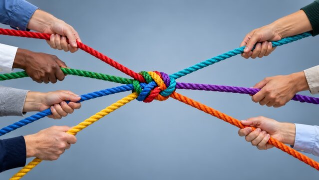 Joint venture and team balance concept showing hands holding colorful ropes connected in a secure central knot
