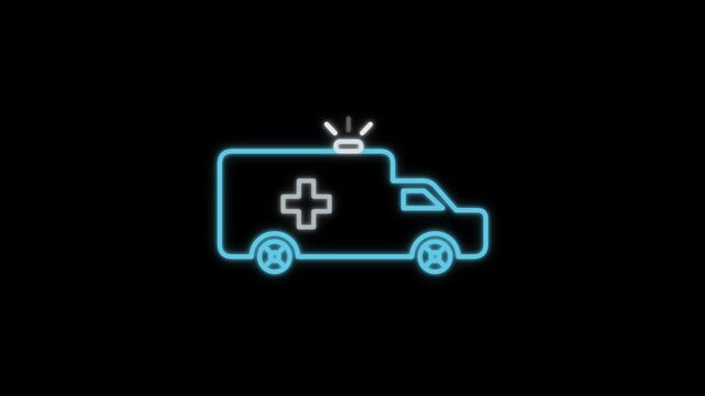Glowing blue neon ambulance animation with flashing emergency light on black background, medical healthcare