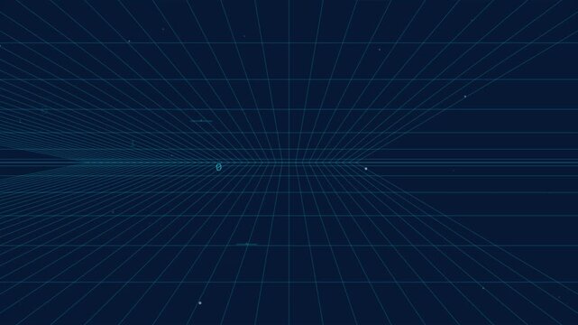 Abstract digital tunnel with glowing blue grid lines and data points moving forward, representing technology, cyberspace, and network.