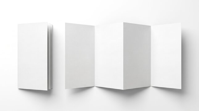 Blank accordion fold brochure mockup, minimalist white paper pamphlet template, folded flyer display isolated on white background for design branding presentation