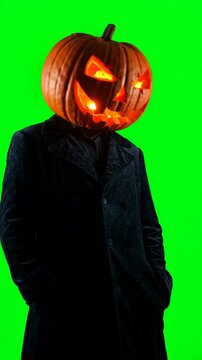 Green Screen Halloween Pumpkin-Headed Figure &mdash; Glowing Jack-o'-Lantern Head Figure for Vertical Fall VFX