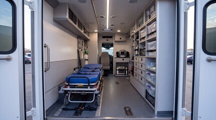Obraz premium Inside an empty ambulance with stretcher and equipment