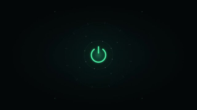 Futuristic glowing green power button animation on dark background, for tech interface, turn on turn off