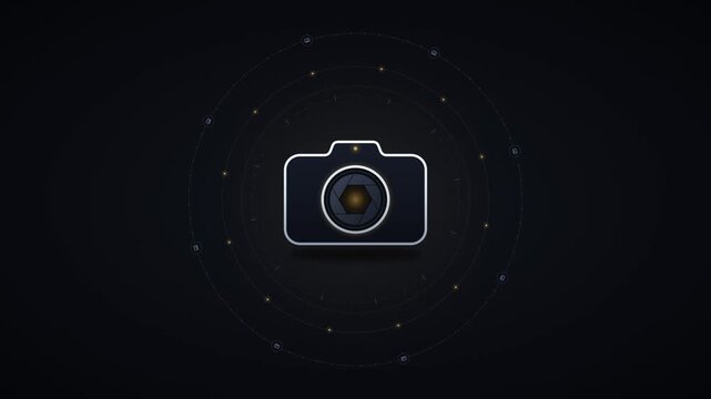 Futuristic digital camera with rotating shutter aperture and cyber hud circles animation camera digital camera