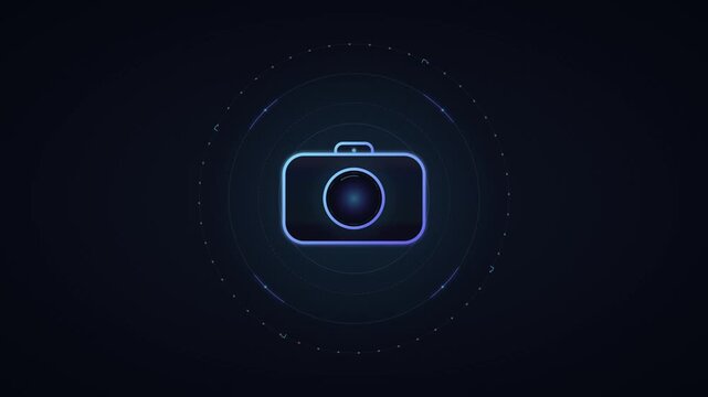 Glowing neon camera with rotating digital hud circles on dark background, for tech animation, blue purple