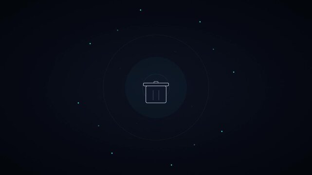 Minimalist trash can animation with glowing particles on dark background, for digital ui, recycle bin delete wastebasket