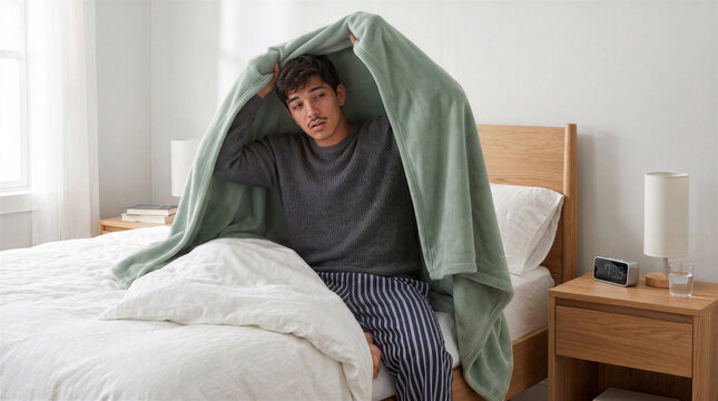 Sleepy young man sitting in bed pulling a green blanket over his head on a bright morning