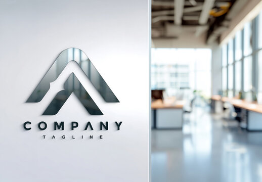 Metal Logo With Reflections On White Office Wall Mockup