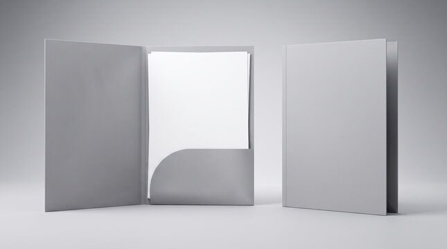 Minimalist gray presentation folder mockup, open and closed pocket folder branding template, blank corporate document organizer cover