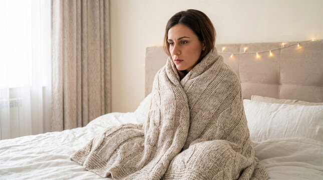 Young woman sitting in bed wrapped in a thick knit blanket looking cold or pensive