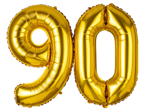 Golden 90 number balloons isolated on transparent background