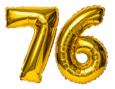Golden balloon number 76 isolated on white, celebration event symbol